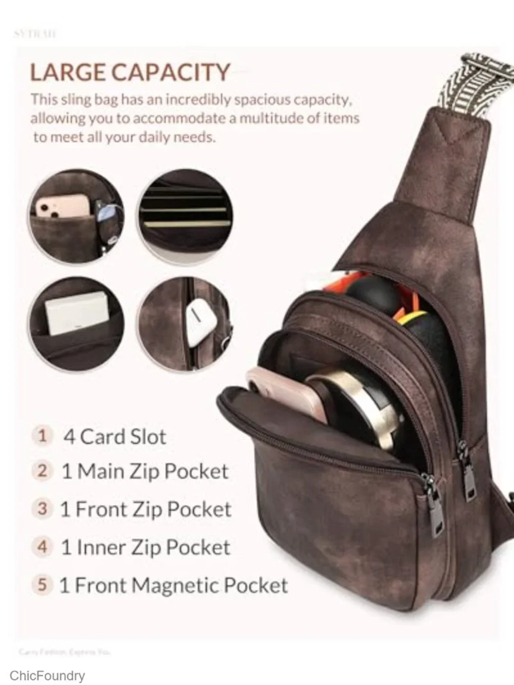 Sling Bag for Women Crossbody Chest Travel Purse with Dual Zipper Main